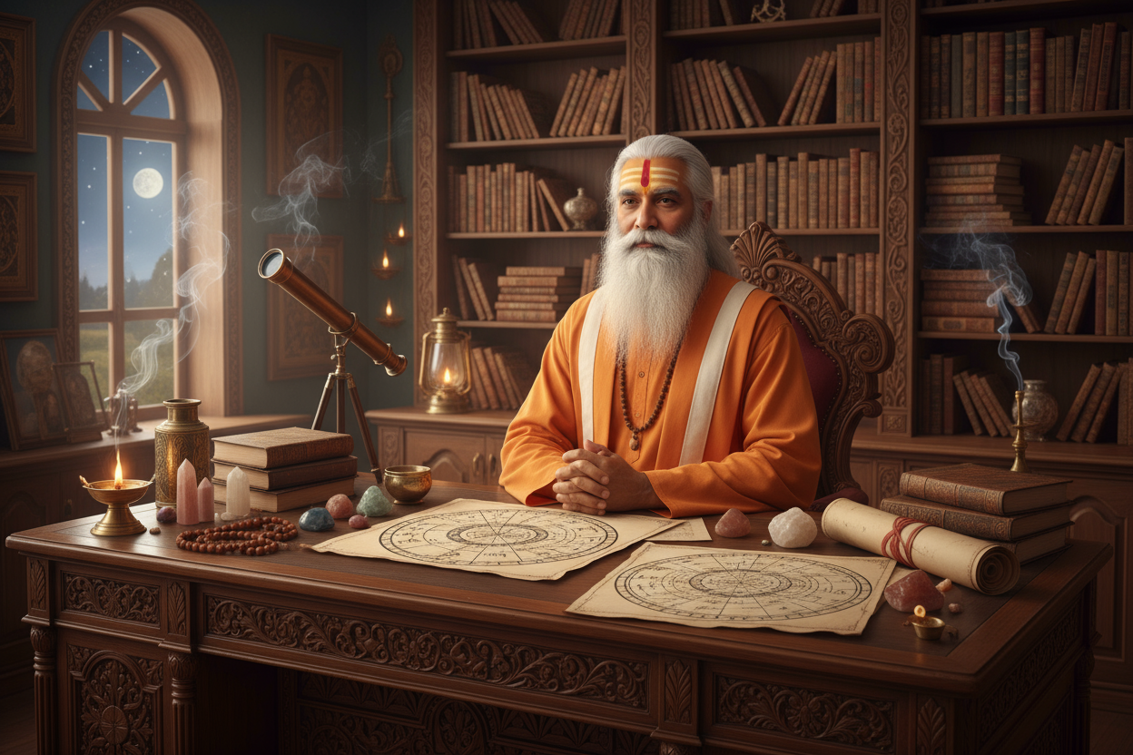 change the person to 55 year old guruji with a white beard 